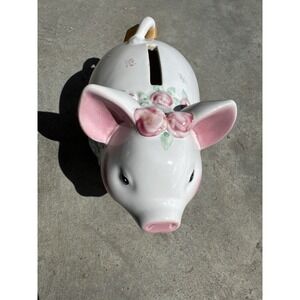 Vintage 1998 Roman Inc Floral Piggy Bank Ceramic Pink Nursery Decor